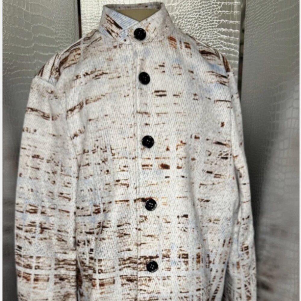 Unusual Women Off-White Blue Brown Splatter Windowpane Pattern Coat Vlitlvba